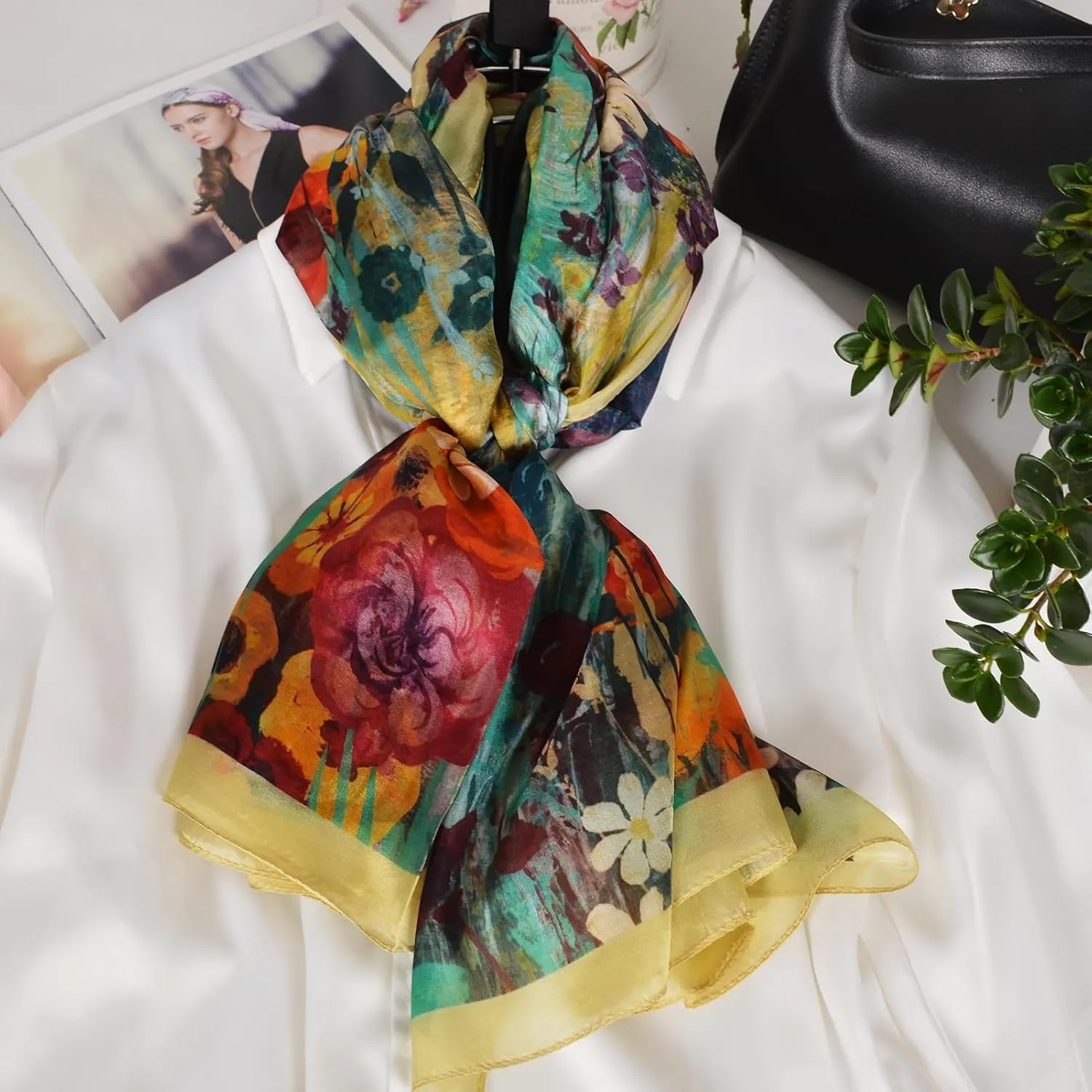 Women's 100% Mulberry Silk Long Scarf-Floral Print Lightweight Scarves-Oblong Summer Travel Sunscreen Shawl 69" x 43"