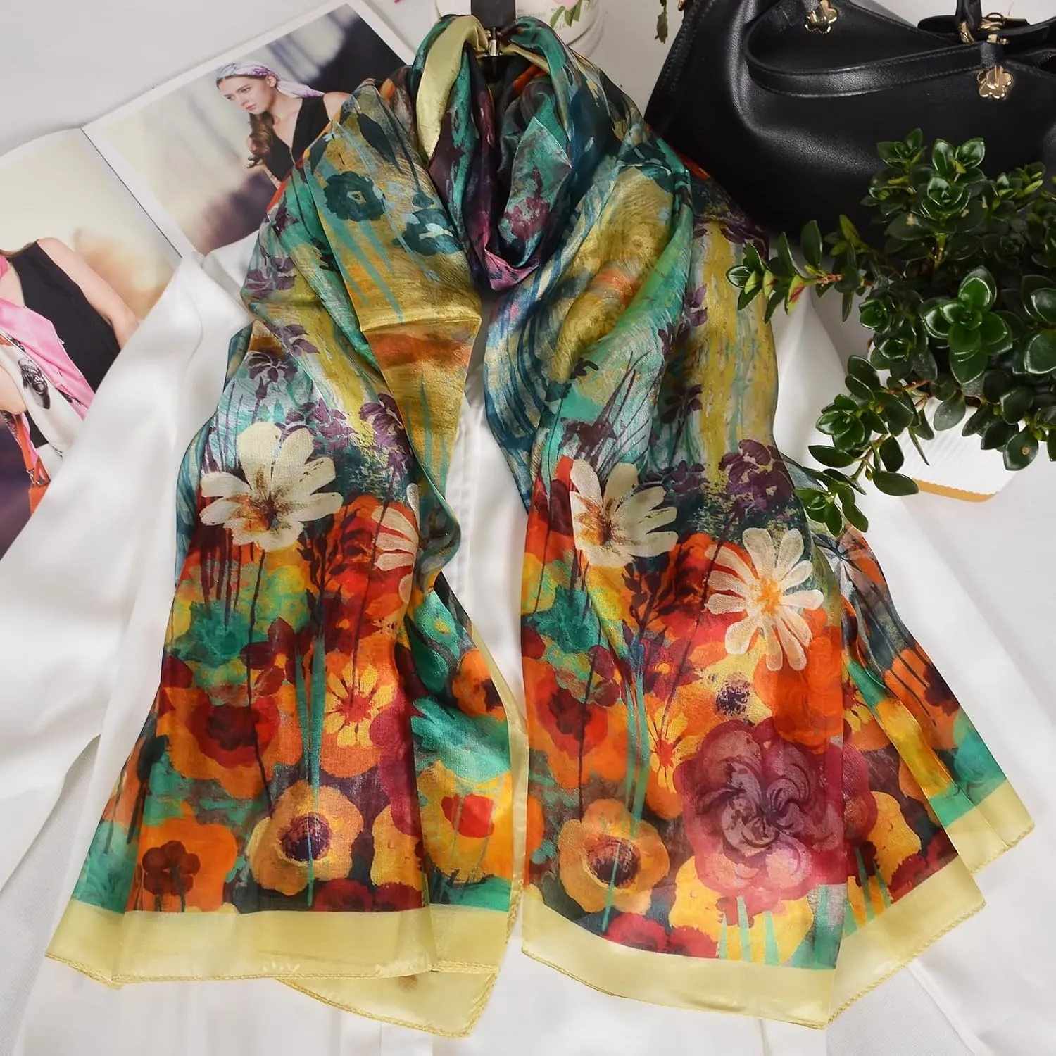 Women's 100% Mulberry Silk Long Scarf-Floral Print Lightweight Scarves-Oblong Summer Travel Sunscreen Shawl 69" x 43"