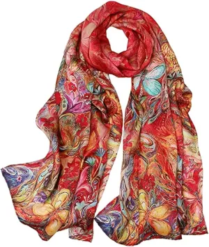 Women's 100% Mulberry Silk Scarf Floral Print Satin Long Scarf Wrap Shawl (ACY01)