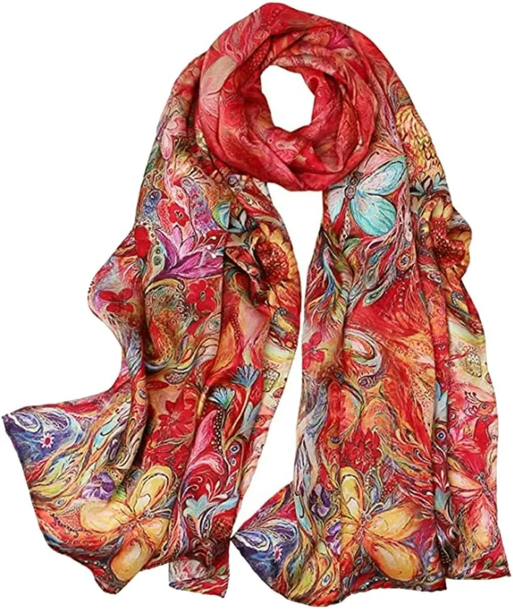 Women's 100% Mulberry Silk Scarf Floral Print Satin Long Scarf Wrap Shawl (ACY01)
