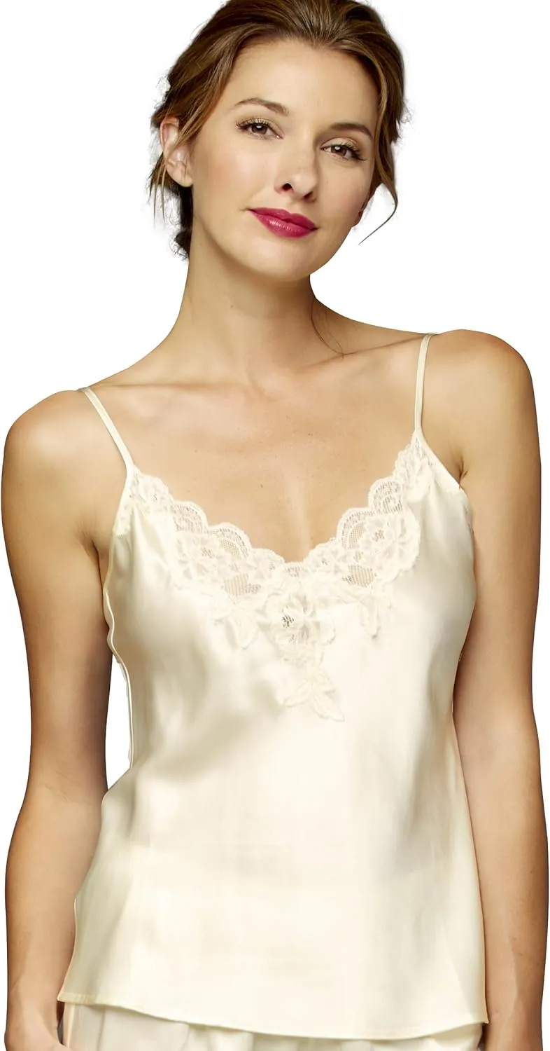 Women's 100% Silk Camisole Top, Lace Trim, Flattering Fit, Sleepwear, Lingerie, Beautiful Gift Packaging