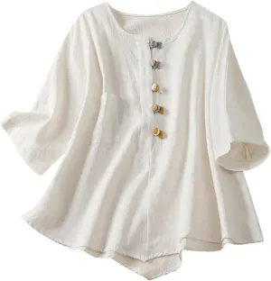 Womens 2024 Cotton Linen Tunic Tops Boho Gauze Button Down Shirt Summer Causal Blouse Loose Fit Trendy Peasant Clothes