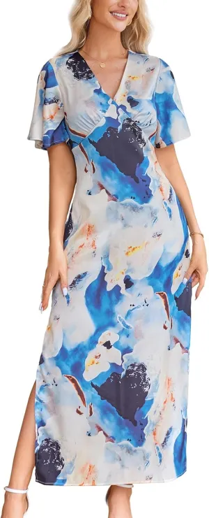 Women's 2025 Satin Dress Elegant Deep V Neck Flutter Sleeve A-Line Gown Cocktail Party Maxi Dresses