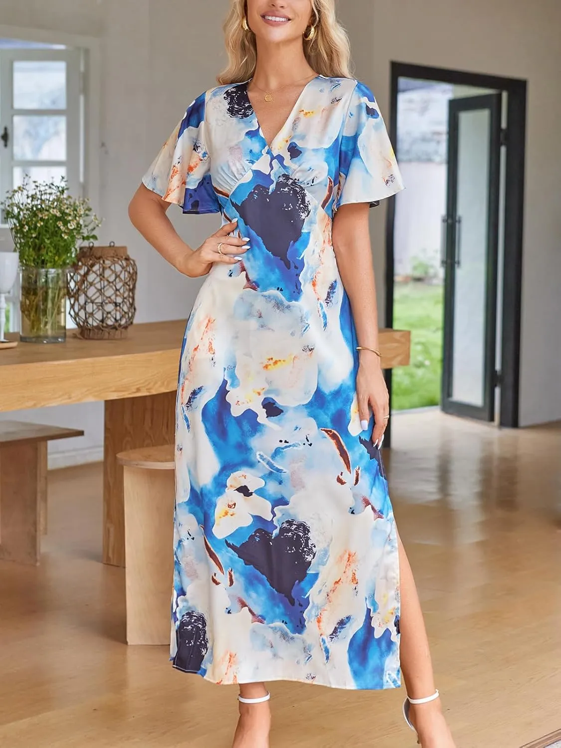 Women's 2025 Satin Dress Elegant Deep V Neck Flutter Sleeve A-Line Gown Cocktail Party Maxi Dresses
