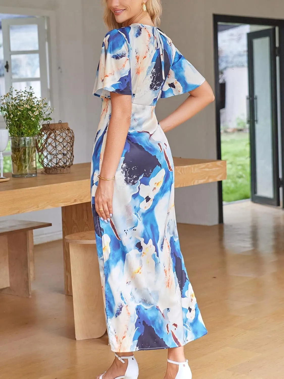Women's 2025 Satin Dress Elegant Deep V Neck Flutter Sleeve A-Line Gown Cocktail Party Maxi Dresses