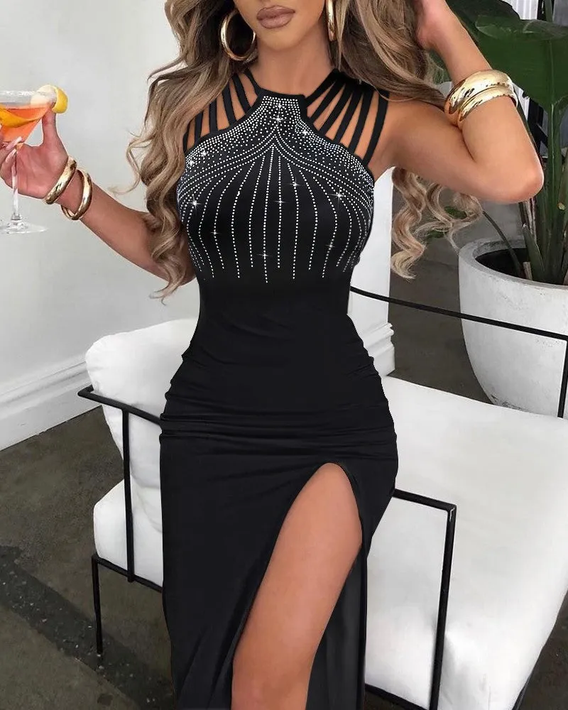 Women's Alluring Black and Silver Shimmery Strappy Body Con Maxi Dress