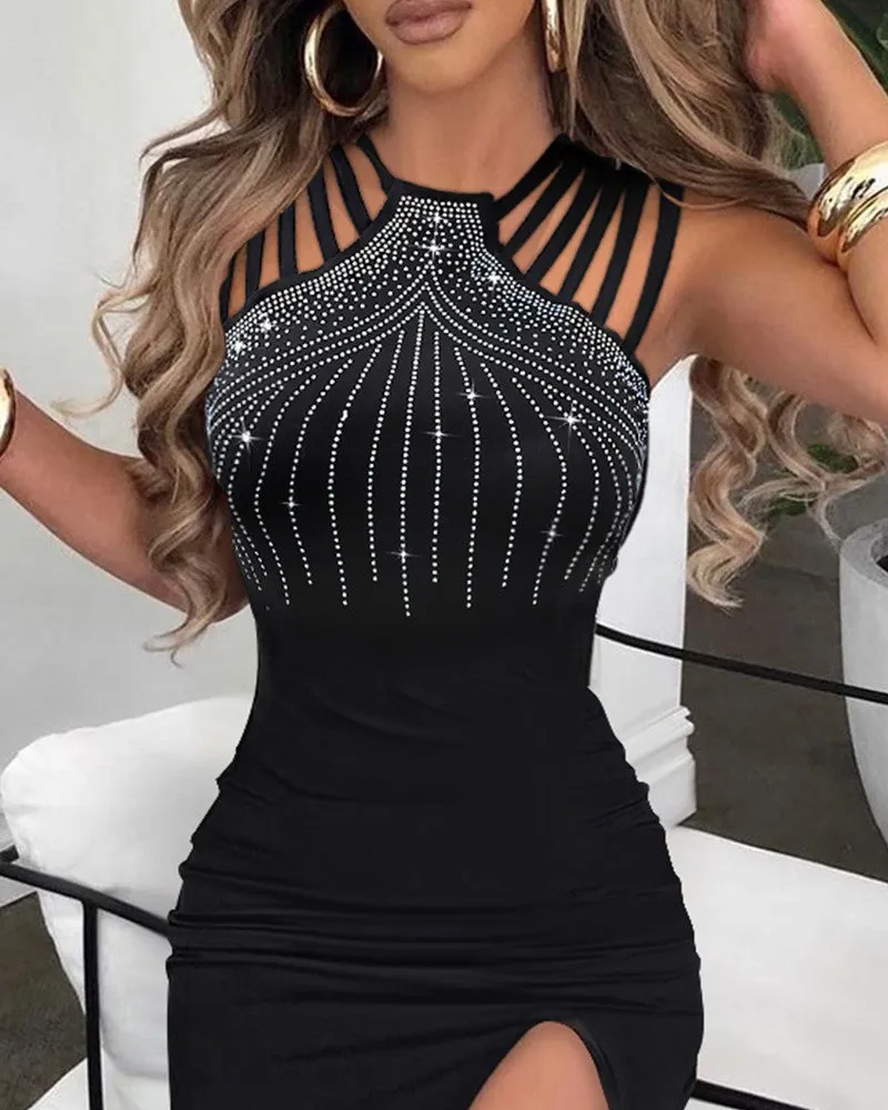 Women's Alluring Black and Silver Shimmery Strappy Body Con Maxi Dress