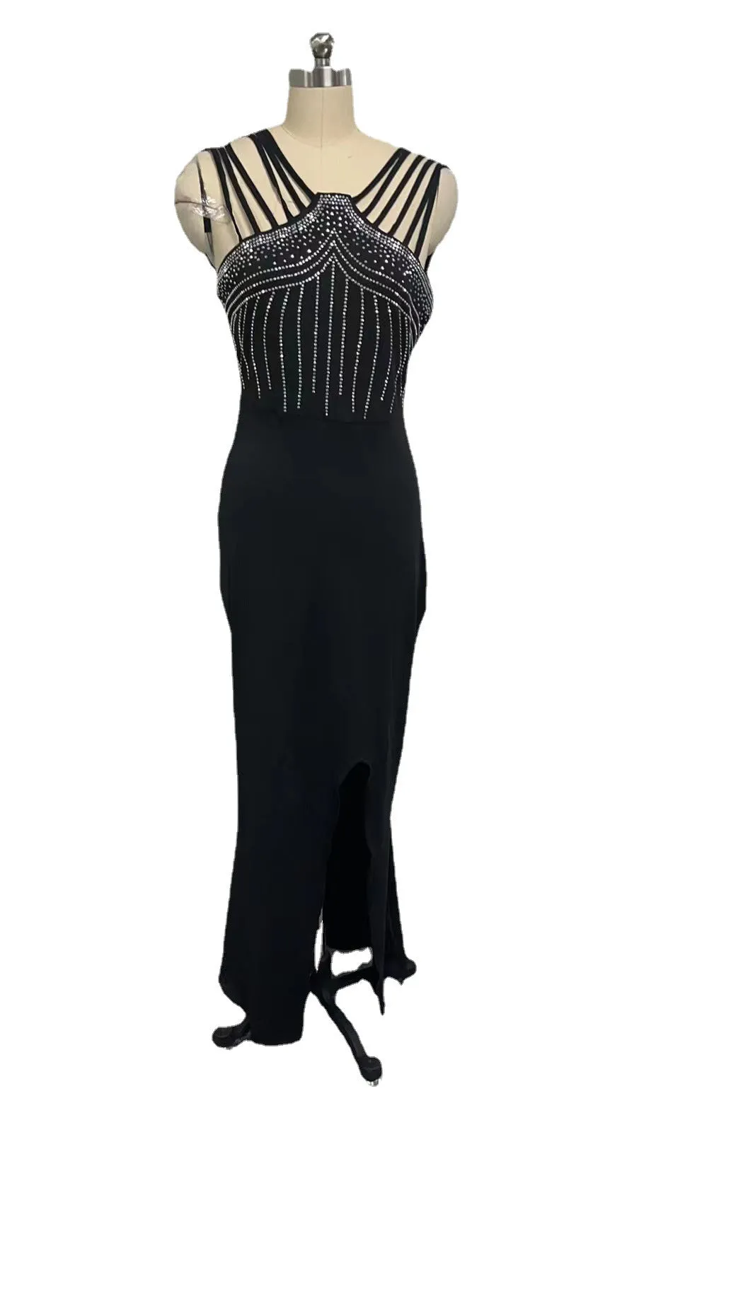 Women's Alluring Black and Silver Shimmery Strappy Body Con Maxi Dress