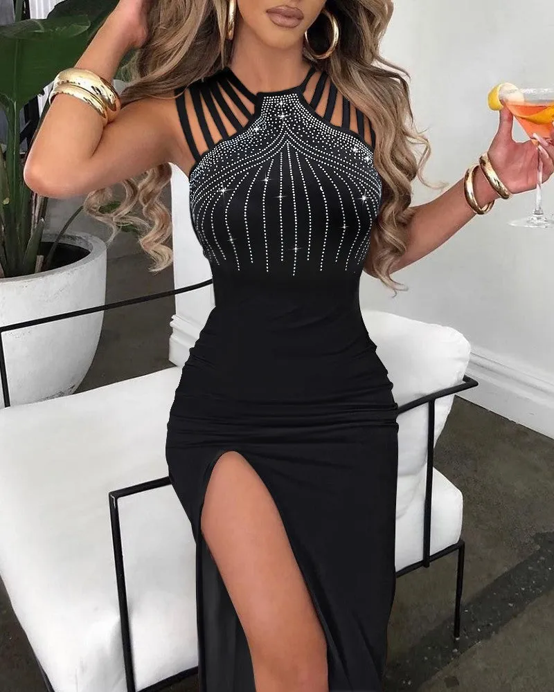 Women's Alluring Black and Silver Shimmery Strappy Body Con Maxi Dress