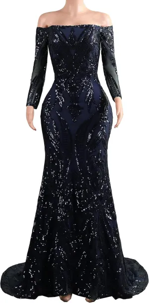 Women's Bateau Long Sleeves Sequins Mermaid Evening Dress