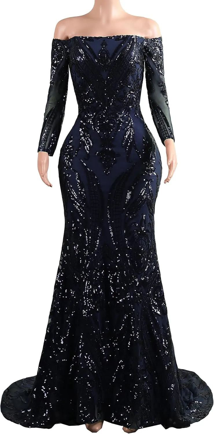 Women's Bateau Long Sleeves Sequins Mermaid Evening Dress