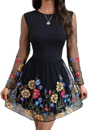 Women's Boho Floral Embroidery Lace Sundress Mesh Patchwork Slim A Line Dresses Summer Casual Elegant Dresses