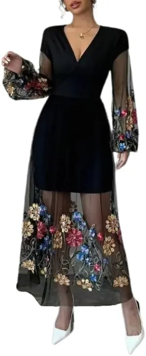 Women's Boho Floral Embroidery Lace Sundress Mesh Patchwork Slim A Line Dresses Summer Casual Elegant Dresses