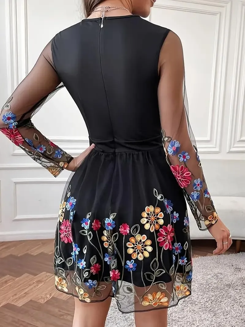 Women's Boho Floral Embroidery Lace Sundress Mesh Patchwork Slim A Line Dresses Summer Casual Elegant Dresses