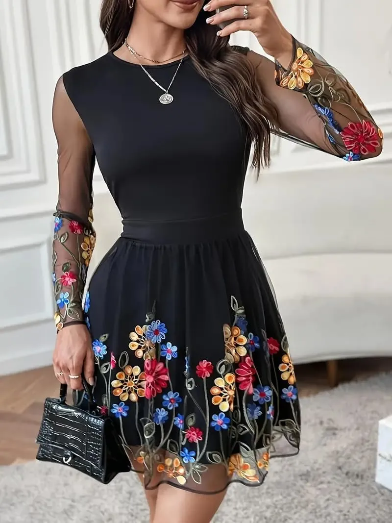 Women's Boho Floral Embroidery Lace Sundress Mesh Patchwork Slim A Line Dresses Summer Casual Elegant Dresses