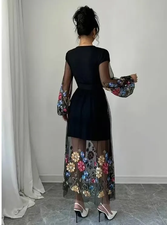 Women's Boho Floral Embroidery Lace Sundress Mesh Patchwork Slim A Line Dresses Summer Casual Elegant Dresses