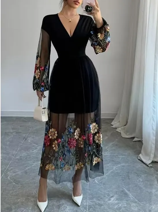 Women's Boho Floral Embroidery Lace Sundress Mesh Patchwork Slim A Line Dresses Summer Casual Elegant Dresses