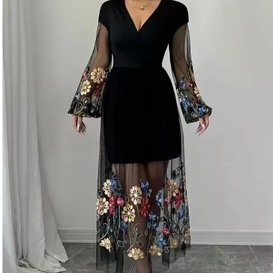 Women's Boho Floral Embroidery Lace Sundress Mesh Patchwork Slim A Line Dresses Summer Casual Elegant Dresses