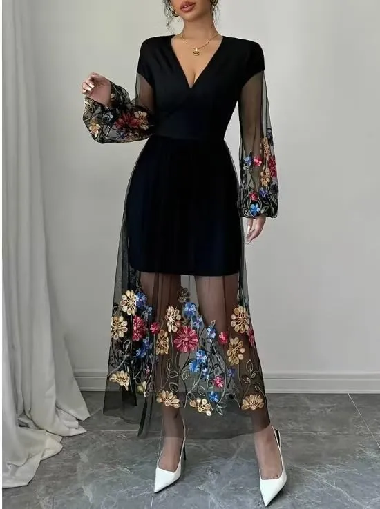 Women's Boho Floral Embroidery Lace Sundress Mesh Patchwork Slim A Line Dresses Summer Casual Elegant Dresses