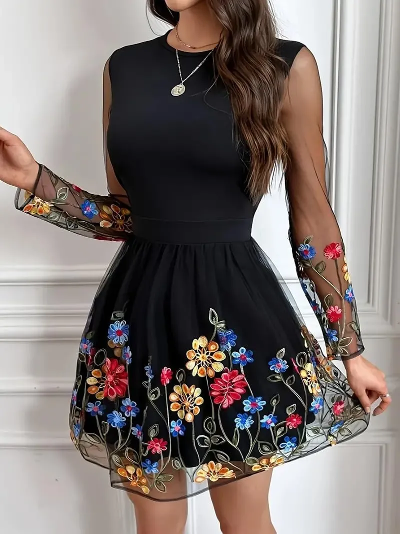 Women's Boho Floral Embroidery Lace Sundress Mesh Patchwork Slim A Line Dresses Summer Casual Elegant Dresses