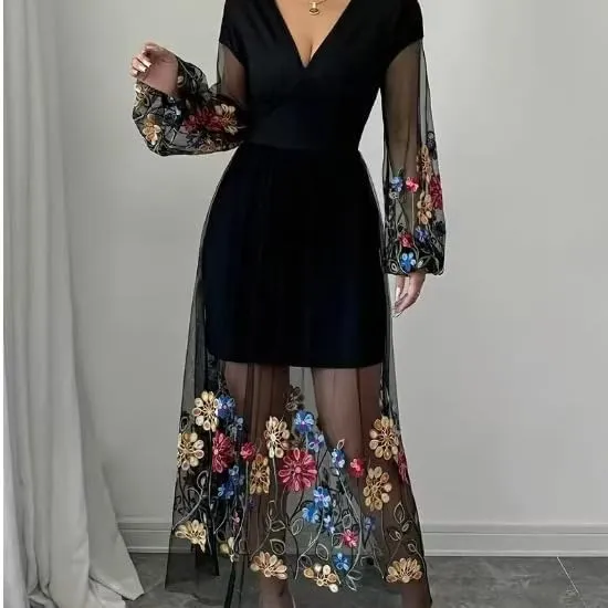 Women's Boho Floral Embroidery Lace Sundress Mesh Patchwork Slim A Line Dresses Summer Casual Elegant Dresses