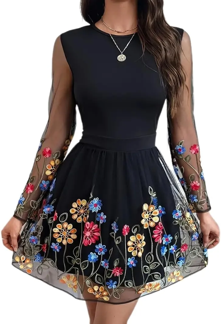 Women's Boho Floral Embroidery Lace Sundress Mesh Patchwork Slim A Line Dresses Summer Casual Elegant Dresses