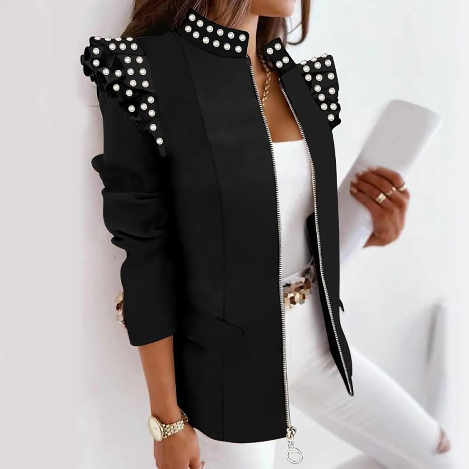 Womens Casual Blazers Fashion Print Ruffle Long Sleeve Open Front Work Office Blazer Bussiness Jackets with Pockets