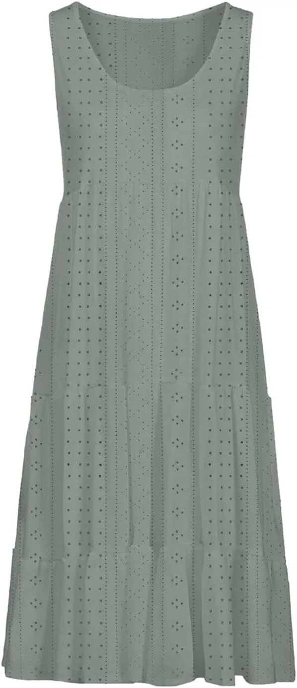 Women's Casual Dresses Casual U Neck Sleeveless Eyelet Summer Dresses Soft Hawaiian Beach Summer Midi Sundresses