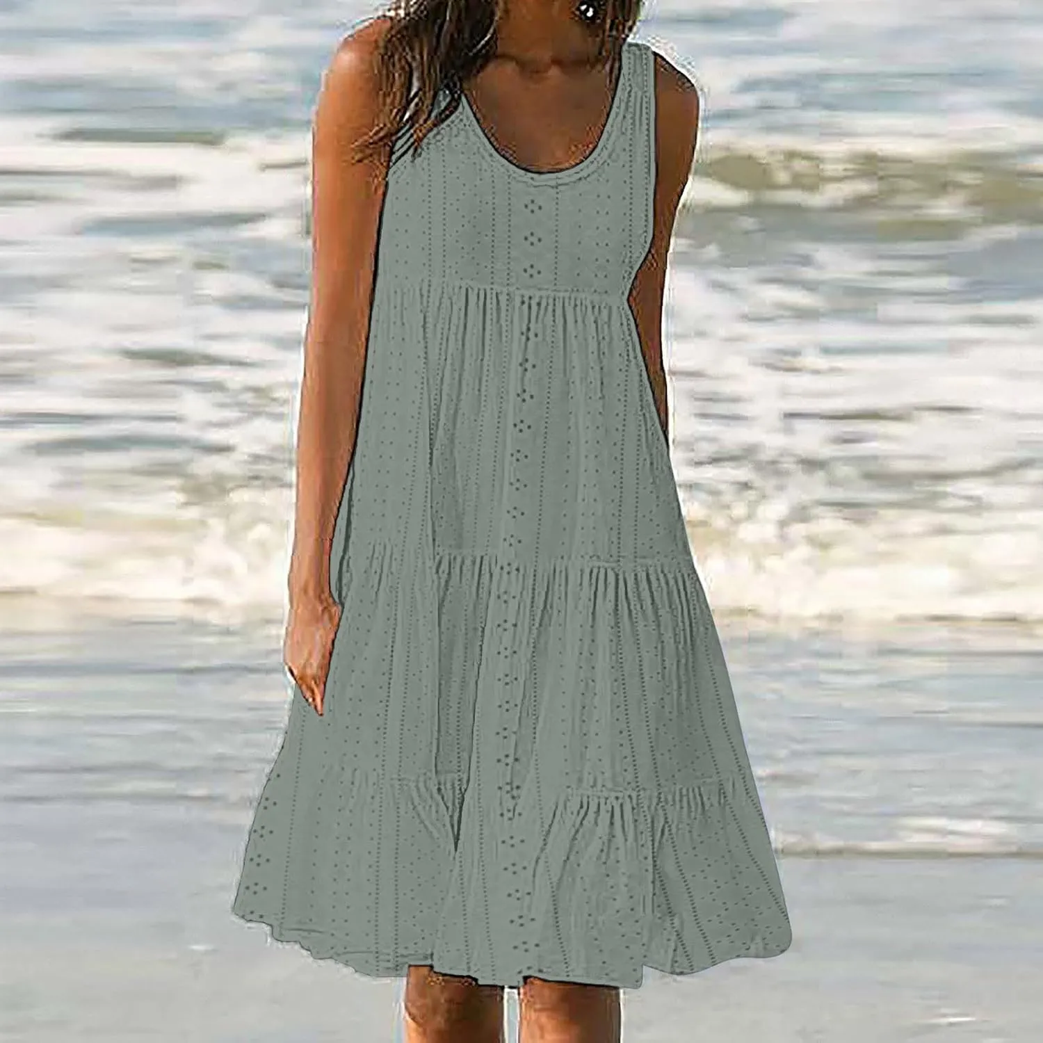 Women's Casual Dresses Casual U Neck Sleeveless Eyelet Summer Dresses Soft Hawaiian Beach Summer Midi Sundresses