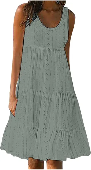 Women's Casual Dresses Casual U Neck Sleeveless Eyelet Summer Dresses Soft Hawaiian Beach Summer Midi Sundresses
