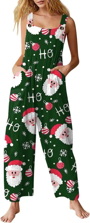 Women's Casual Jumpsuit Sleeveless Christmas Plaid Snowflake 3D Printed Cotton Jumpsuit Jumpsuits for Women