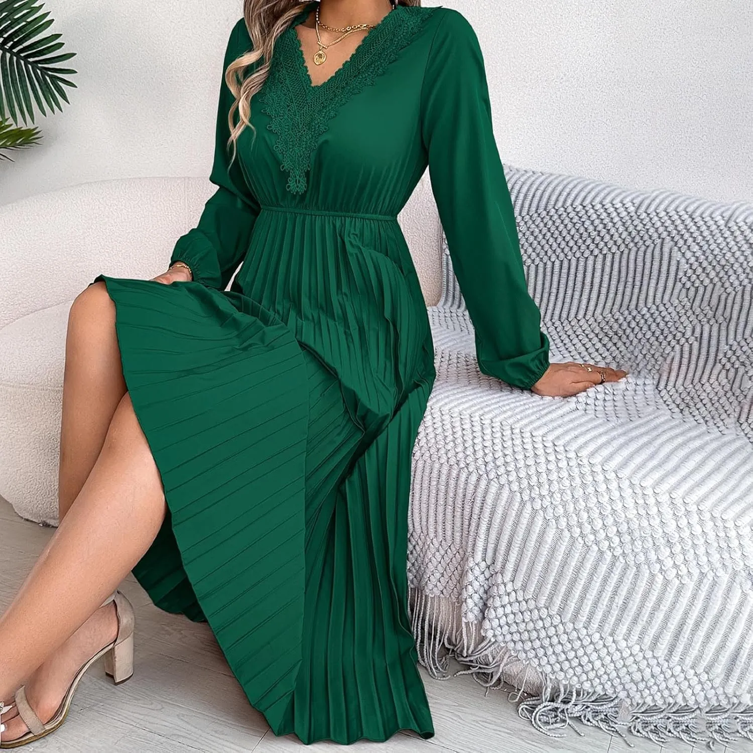 Women's Casual Long Sleeve Dress Lace V Neck Smocked High Waist Pleated Flowy Evening Party Cocktail Maxi Dresses