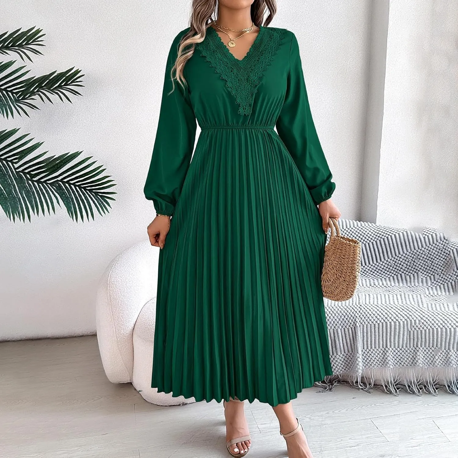 Women's Casual Long Sleeve Dress Lace V Neck Smocked High Waist Pleated Flowy Evening Party Cocktail Maxi Dresses