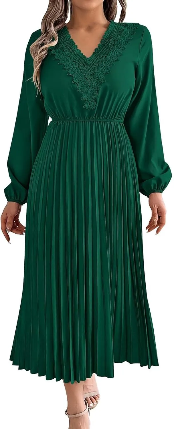 Women's Casual Long Sleeve Dress Lace V Neck Smocked High Waist Pleated Flowy Evening Party Cocktail Maxi Dresses