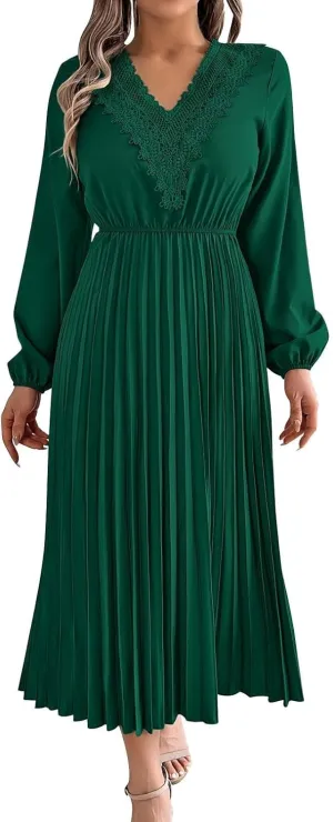 Women's Casual Long Sleeve Dress Lace V Neck Smocked High Waist Pleated Flowy Evening Party Cocktail Maxi Dresses