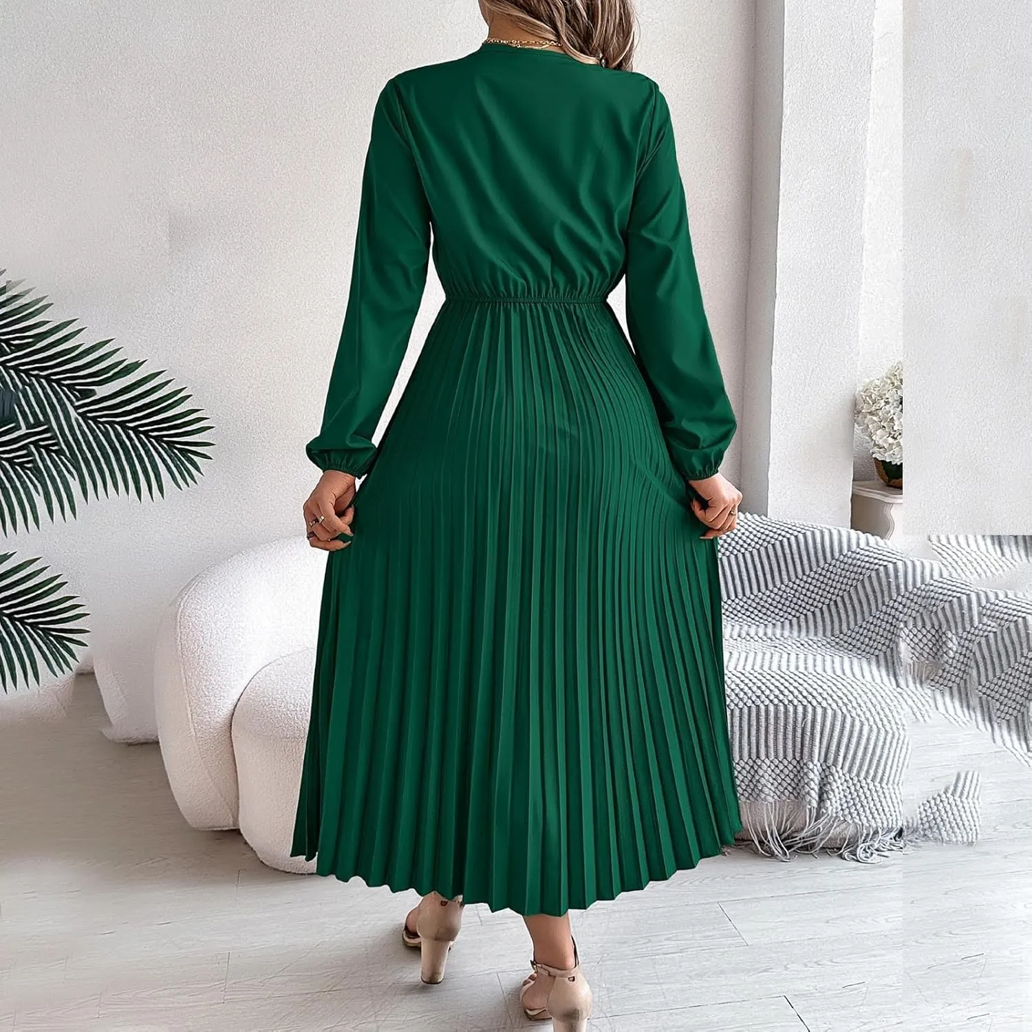Women's Casual Long Sleeve Dress Lace V Neck Smocked High Waist Pleated Flowy Evening Party Cocktail Maxi Dresses