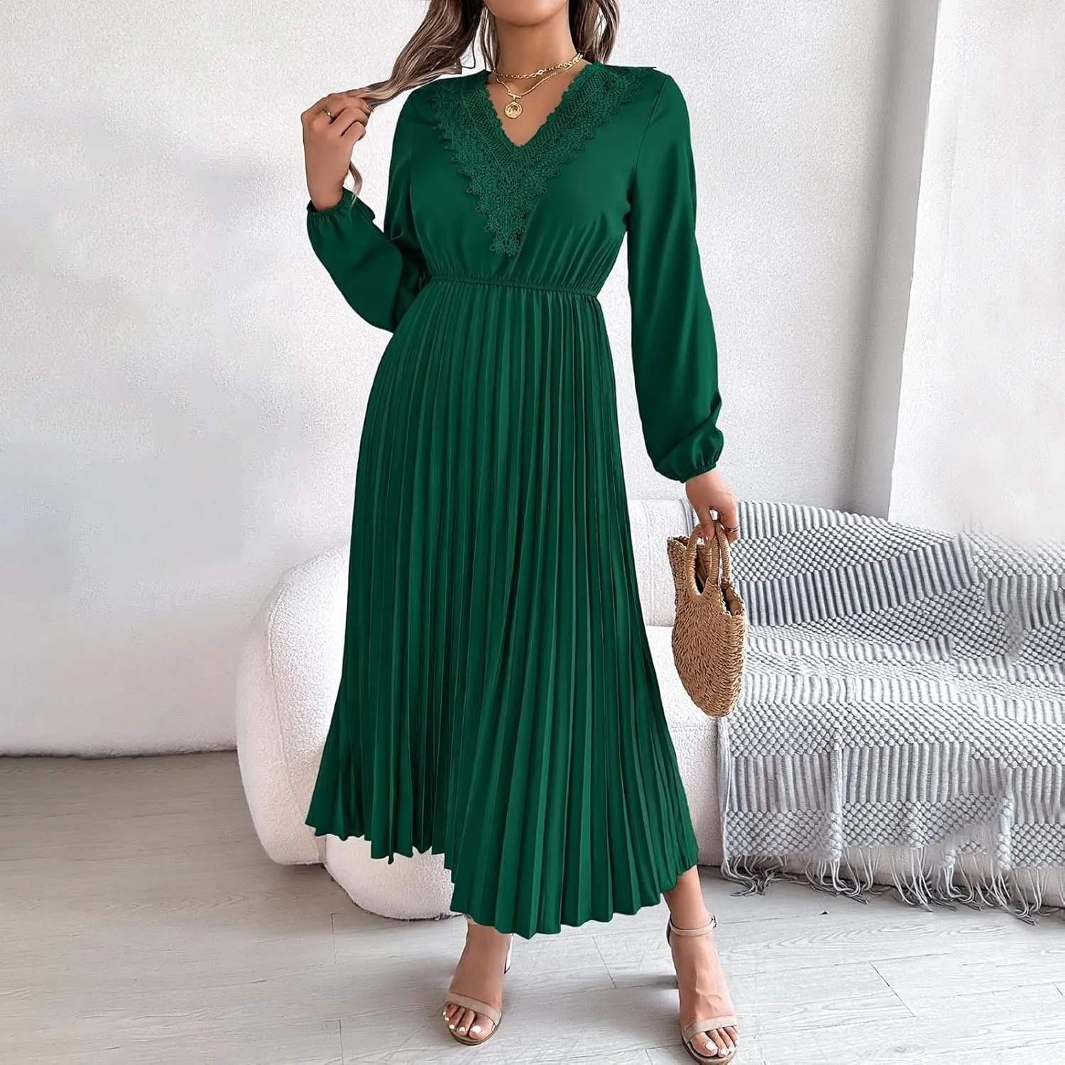 Women's Casual Long Sleeve Dress Lace V Neck Smocked High Waist Pleated Flowy Evening Party Cocktail Maxi Dresses