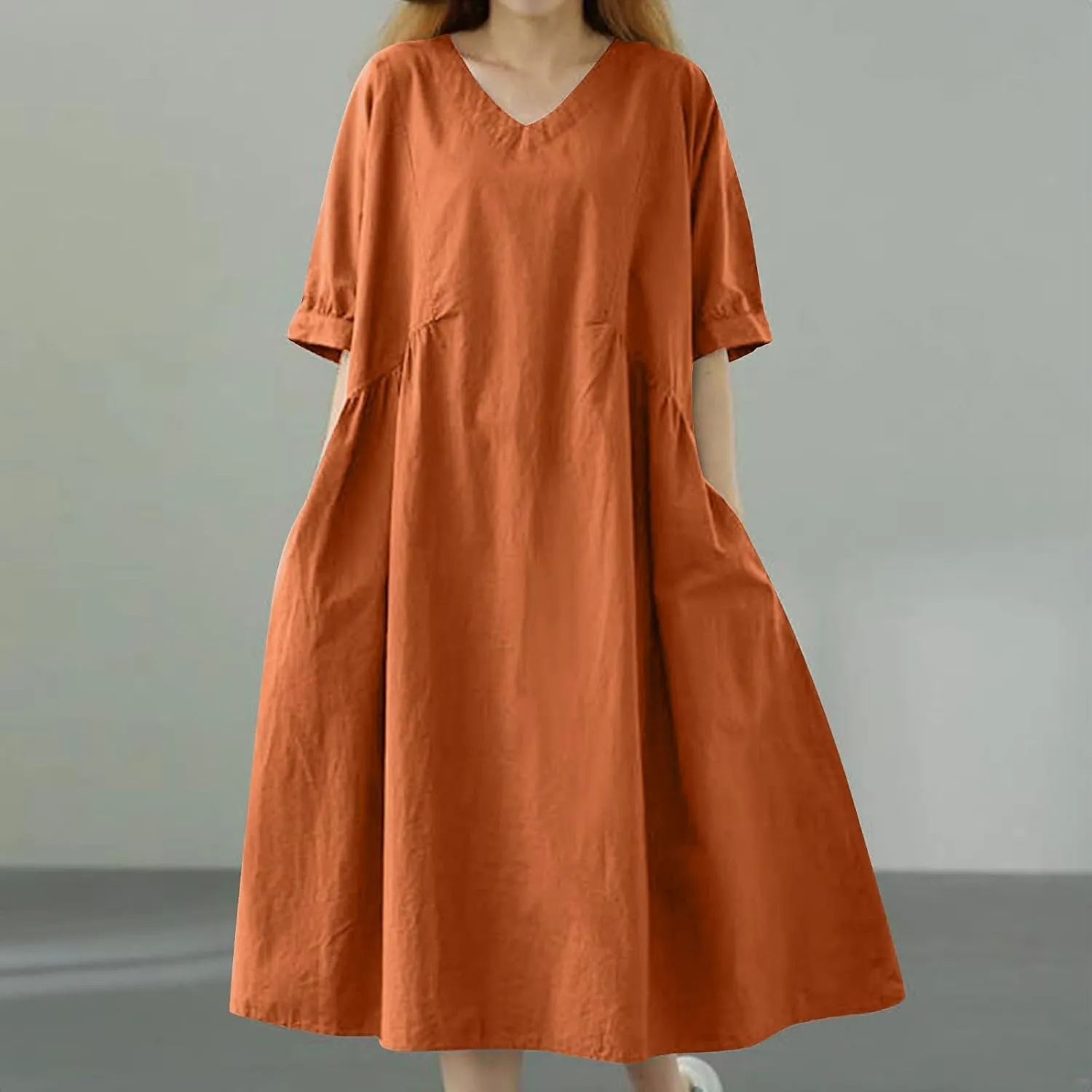 Womens Casual Loose Cotton Linen Dresses Summer Lightweight Breathable V Neck Half Sleeve Flowy Midi House Dress
