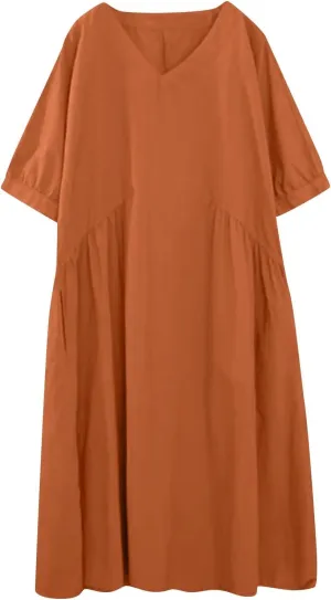 Womens Casual Loose Cotton Linen Dresses Summer Lightweight Breathable V Neck Half Sleeve Flowy Midi House Dress