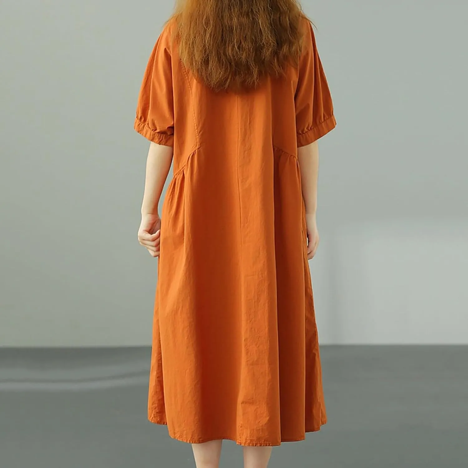 Womens Casual Loose Cotton Linen Dresses Summer Lightweight Breathable V Neck Half Sleeve Flowy Midi House Dress