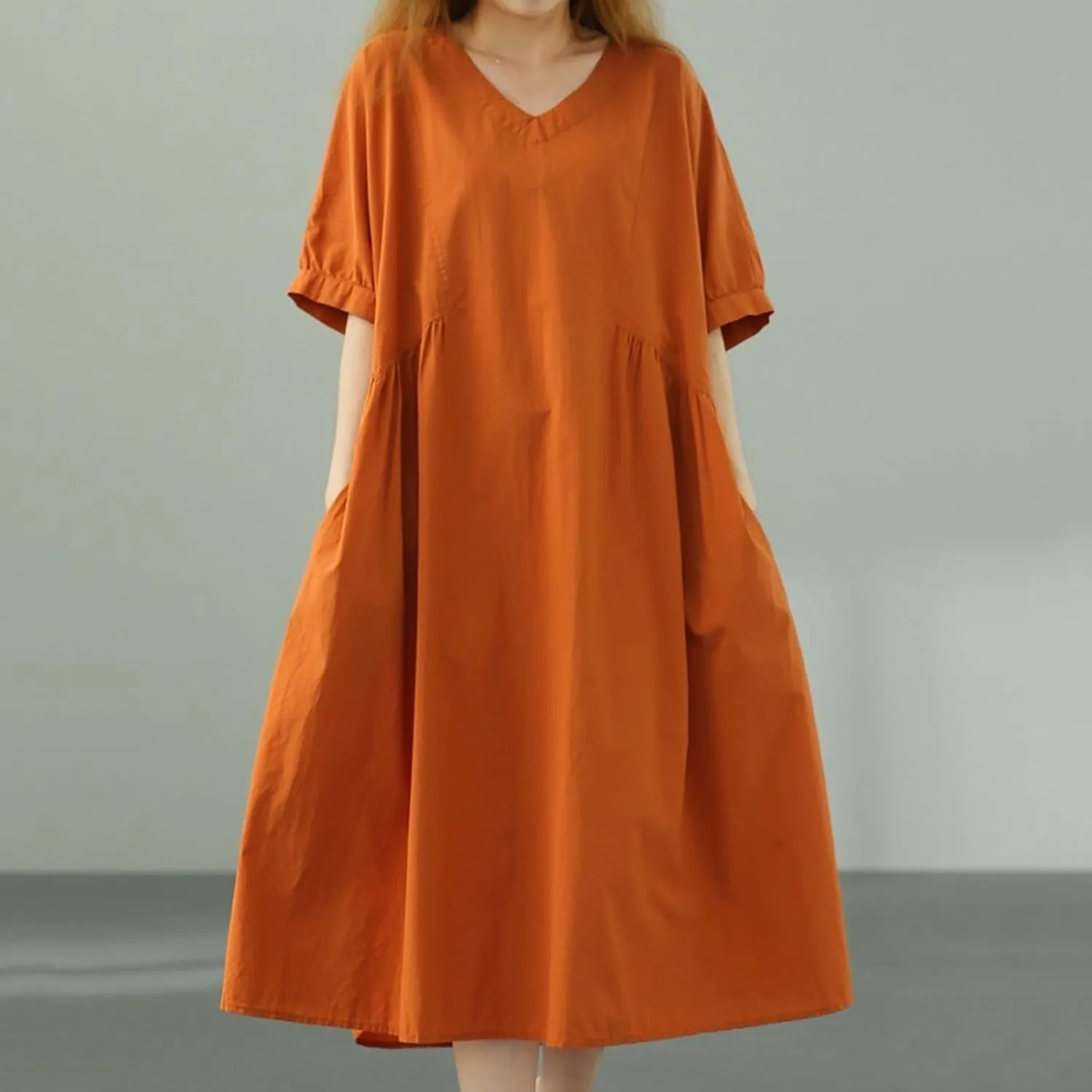 Womens Casual Loose Cotton Linen Dresses Summer Lightweight Breathable V Neck Half Sleeve Flowy Midi House Dress
