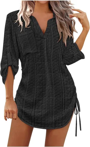 Women's Casual Mini Skirts Knit Hollow Out Long Sleeve Lapel Dress Side Stretch Bandage Short Dresses Outdoor Daily