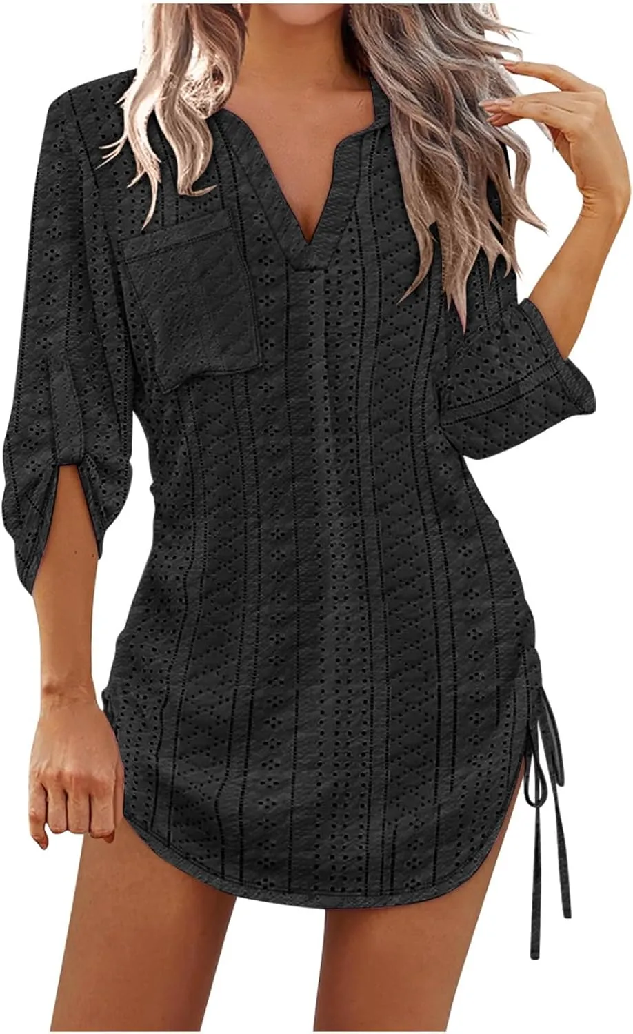 Women's Casual Mini Skirts Knit Hollow Out Long Sleeve Lapel Dress Side Stretch Bandage Short Dresses Outdoor Daily