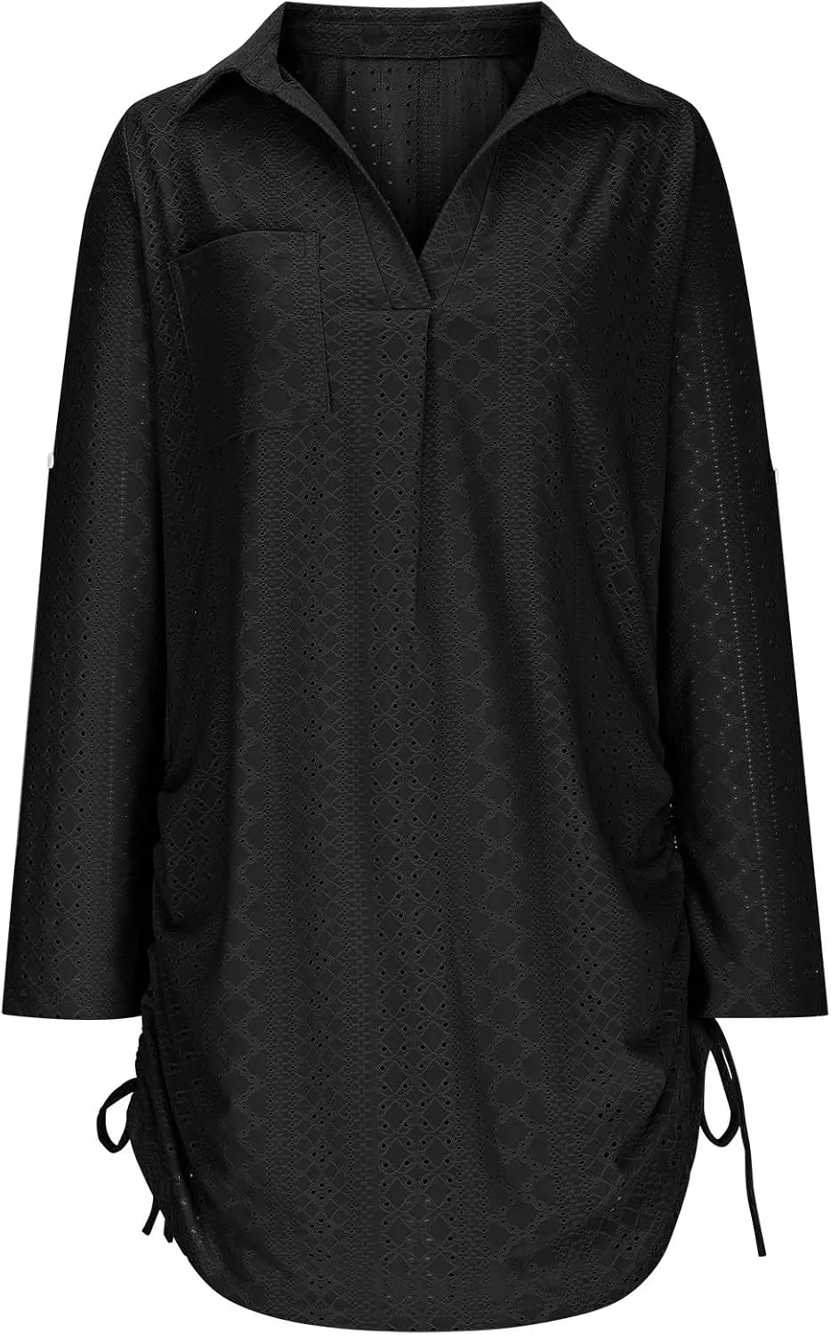 Women's Casual Mini Skirts Knit Hollow Out Long Sleeve Lapel Dress Side Stretch Bandage Short Dresses Outdoor Daily