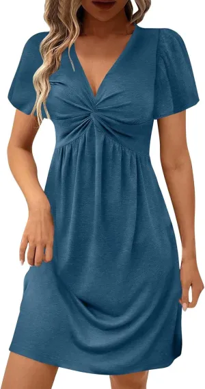 Womens Casual Summer Twist Front V Neck Short Sleeve Mini Dress High Waist A Line Sundresss Trendy Beach Short Dress