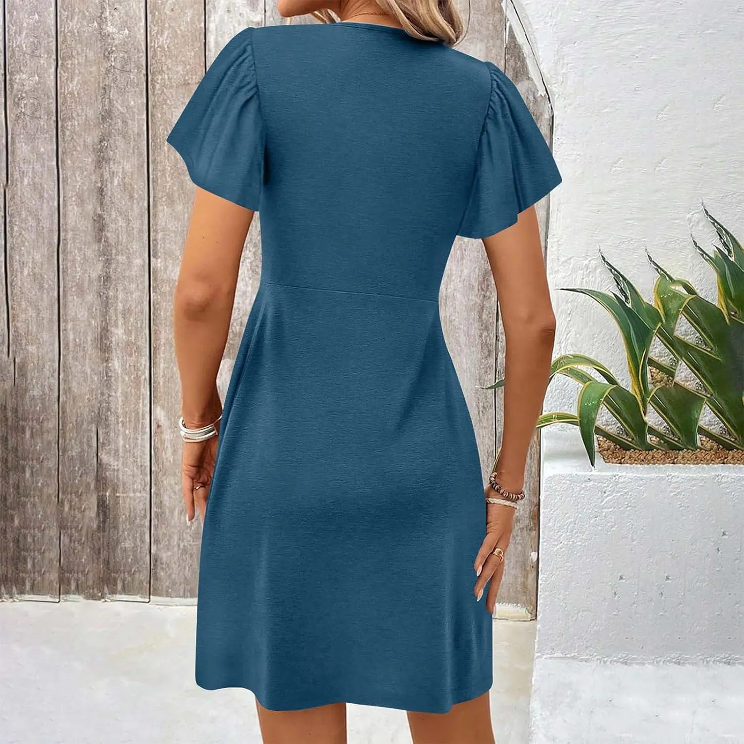 Womens Casual Summer Twist Front V Neck Short Sleeve Mini Dress High Waist A Line Sundresss Trendy Beach Short Dress