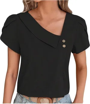 Women's Casual Tops Summer Basic Business Comfy Blouses Petal Short Sleeve V Neck Solid Cute Work Shirts Tunic