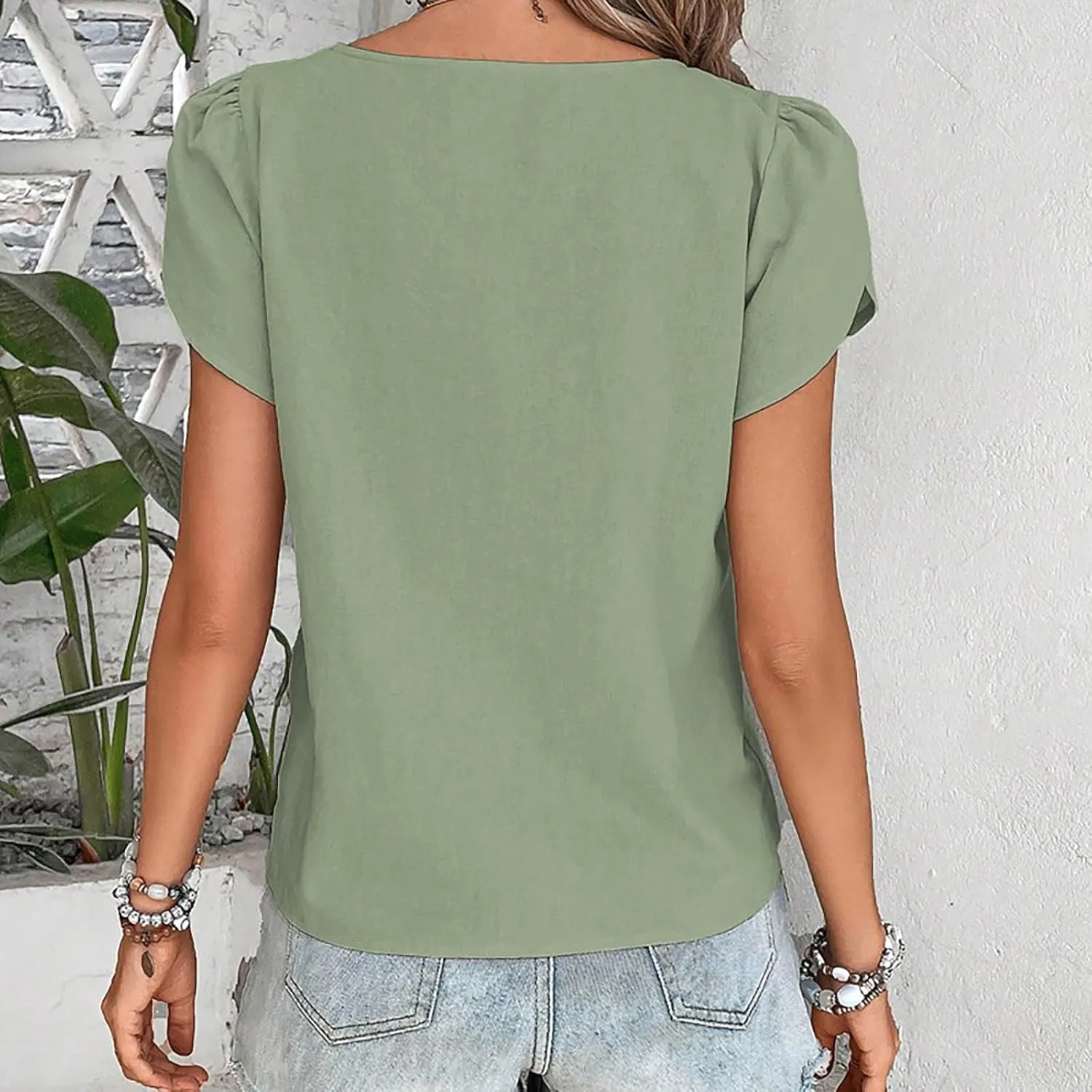 Women's Casual Tops Summer Basic Business Comfy Blouses Petal Short Sleeve V Neck Solid Cute Work Shirts Tunic