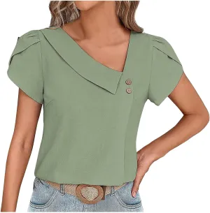 Women's Casual Tops Summer Basic Business Comfy Blouses Petal Short Sleeve V Neck Solid Cute Work Shirts Tunic