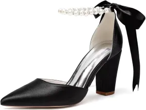 Women's Chunky Block Heel Wedding Shoes for Bride Satin Pearls Ankle Strap Evening Dressy Pumps